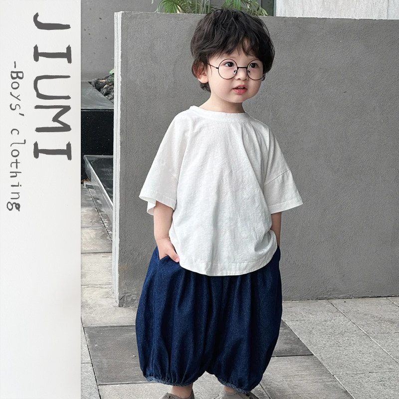 男童夏季套装25年新款洋气百搭纯棉T恤儿童牛仔九分哈伦裤两件套