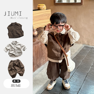 秋季 2025新款 韩系风男宝宝工装 马甲休闲裤 男童秋装 中小童衬衫 套装
