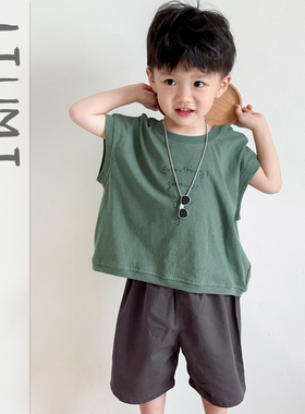 儿童夏装韩版背心男童夏季新款绿色T恤短裤2岁男宝宝无袖套装纯棉