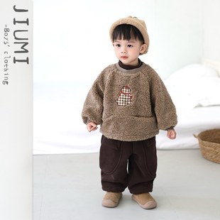 男童条纹印花上衣中小童卡通加厚休闲卫裤 儿童韩版 加绒毛毛衣套装
