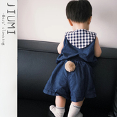 套装 儿童韩版 轻薄牛仔短裤 男童夏季 男宝宝休闲格子海军领背心夏装