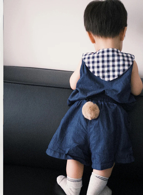 男童夏季套装儿童韩版轻薄牛仔短裤男宝宝休闲格子海军领背心夏装