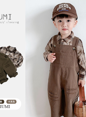 男童春装2026新款中小童长袖衬衫男宝韩系割破背带裤帅气春季套装