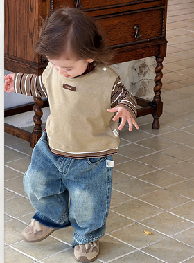 男童春季新款帅气时髦套装儿童假两件条纹t恤男宝韩版套头两件套