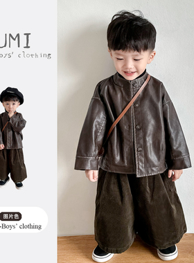 男童秋春季2026新款擦色皮衣外套灯芯绒九分裤阔腿裤高领打底衫潮