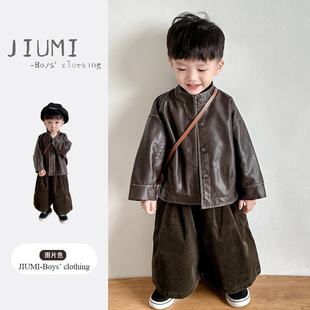 高领打底衫 男童秋秋季 阔腿裤 擦色皮衣外套灯芯绒九分裤 潮 2025新款