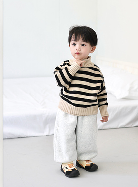 儿童条纹高领毛衣男童秋冬新款加厚保暖针织衫宝宝百搭打底衫冬装