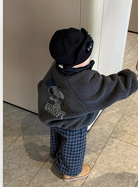 儿童冬季新款棉衣夹克套装宝宝加绒印花上衣男童复古格子拖地裤潮