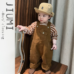 2025秋秋新品 套装 男宝韩版 男童复古秋装 潮 洗水梭织长裤 儿童背带裤