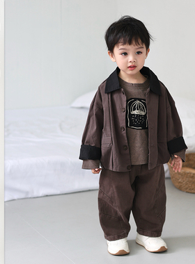 儿童春季新款洋气夹克外套男宝纯棉百搭打底衫男童森系宽松休闲裤
