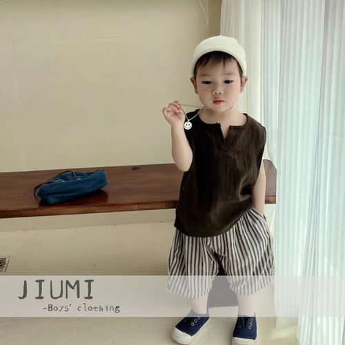 儿童纯色棉麻背心轻薄萝卜裤套装