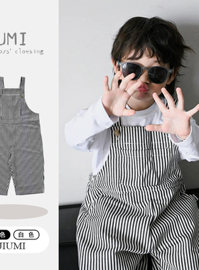 男童日系纯棉牛仔背带裤2026春季新款白色小狮子刺绣百搭上衣套装