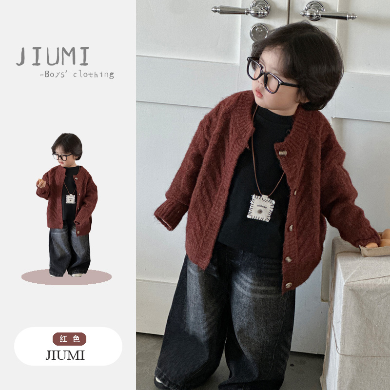 男童2025秋季长袖韩版宽松打底衫搭配毛衣开衫外套黑色牛仔裤套装