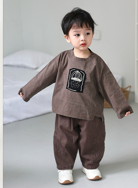 男宝纯棉百搭洋气上衣儿童2026春季新款T恤儿童森系休闲裤子套装