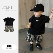 T恤纯棉上衣 新款 男童夏季 豹纹短裤 简约短袖 薄款 套装 男宝韩版 童装