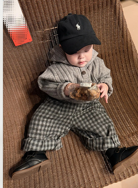 儿童春季新款连帽针织衫男女童百搭格子直筒裤宝宝韩版休闲两件套