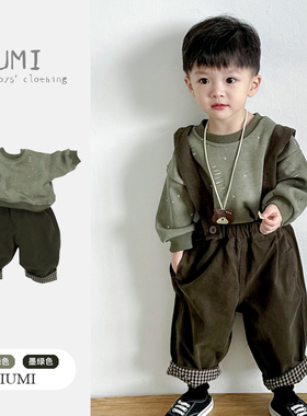 儿童秋冬2026新款韩版复古男童背带裤格纹男宝宝长裤加绒卫衣套装