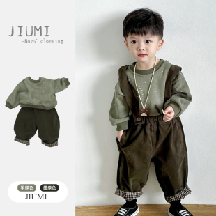 加绒卫衣套装 儿童秋冬2025新款 格纹男宝宝长裤 复古男童背带裤 韩版