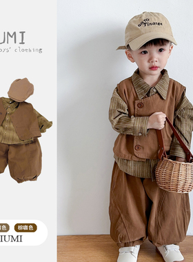 男童春装2026春季新款儿童韩版条纹衬衫男宝宝复古马甲灯笼裤套装