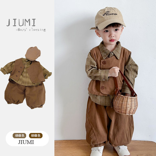 JIUMI男童痞帅复古马甲衬衫套装