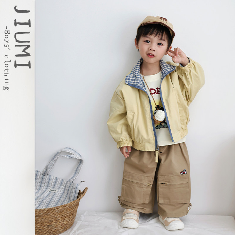 儿童黄色两面穿外套三件套男童米奇印花长袖T恤中小童休闲阔腿裤