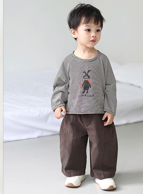 儿童2026春季新款条纹T恤男宝宝韩版百搭上衣男童休闲宽松阔腿裤