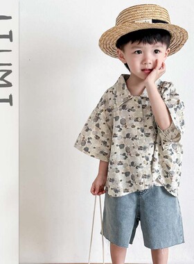 男童夏套装儿童日系度假纯棉碎花衬衫男宝宝复古百搭牛仔裤两件套