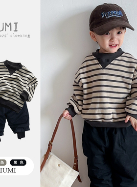 男童一体绒条纹卫衣2026冬季新款男宝宝韩版休闲加绒保暖上衣冬装