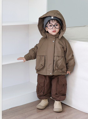 儿童加绒加厚风衣男童森系原宿风裤子套装中小童冬季外出防风外套