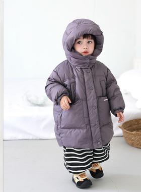 宝宝冬季中长款加厚羽绒服儿童韩式休闲面包服男童时髦白鸭绒外套