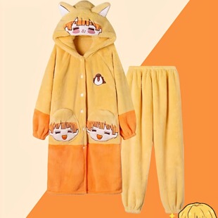 鬼灭之刃我妻善逸同款睡袍女秋冬珊瑚绒加厚保暖二次元cos家居服