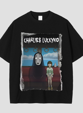 CHARLIES LUCKYNO面具幽灵艺术喷绘潮牌黑色宽松情侣款短袖T恤