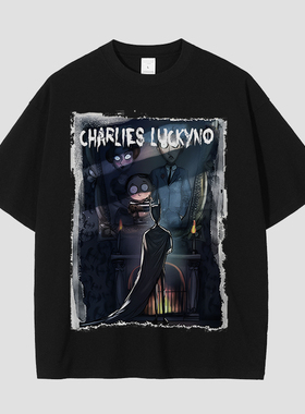 CHARLIES LUCKYNO蝙蝠侠环保艺术喷绘欧美潮牌黑色情侣款短袖T恤