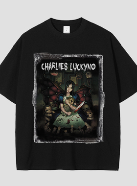 CHARLIES LUCKYNO爱丽丝艺术喷绘潮牌黑色宽松男女情侣款短袖T恤
