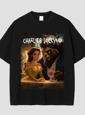 CHARLIES LUCKYNO美式潮牌艺术公主与野兽黑色男女情侣款短袖T恤