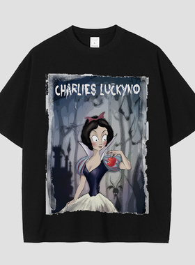 CHARLIES LUCKYNO白雪公主童话艺术潮牌喷绘黑色情侣款短袖T恤