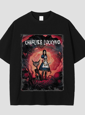 CHARLIES LUCKYNO守护猫潮牌喷绘黑色宽松男女情侣款短袖T恤