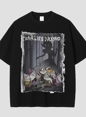 CHARLIES LUCKYNO七个小矮人童话潮牌黑色艺术喷绘情侣款短袖T恤