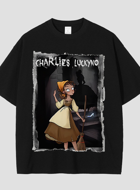 CHARLIES LUCKYNO灰姑娘欧美潮牌童话艺术喷绘黑色情侣款短袖T恤