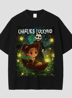 CHARLIES LUCKYNO欧美潮牌歌剧艺术星光湖面黑色情侣款短袖T恤潮
