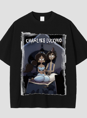 CHARLIES LUCKYNO阿拉丁潮牌喷绘黑色环保印花宽松情侣款短袖T恤