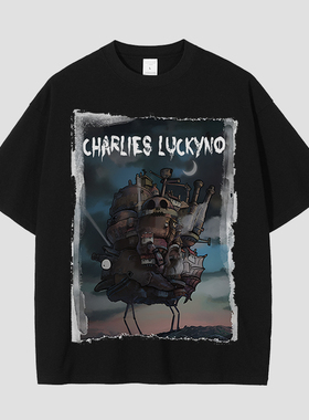 CHARLIES LUCKYNO海盗船欧美潮牌喷绘环保印花黑色情侣款短袖T恤