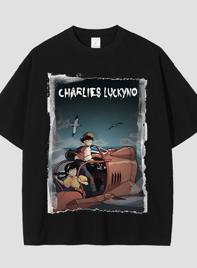 CHARLIES LUCKYNO天空之城欧美潮牌黑色艺术喷绘男女情侣短袖T恤