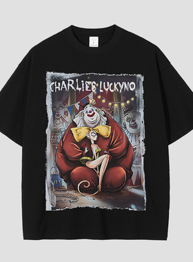 CHARLIES LUCKYNO猪小丑暗黑潮牌黑色环保喷绘印花情侣款短袖T恤