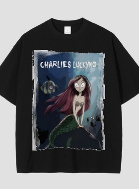 CHARLIES LUCKYNO美人鱼艺术喷绘欧美潮牌黑色宽松情侣款短袖T恤