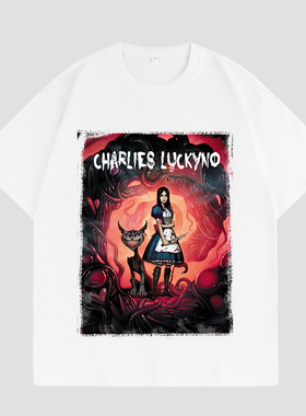 CHARLIES LUCKYNO守护猫暗黑艺术环保喷绘印花潮牌情侣短袖T恤