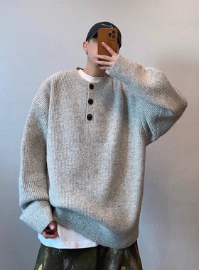 Dannyandzee秋冬覆古多用途重量级浅灰色慵懒风格亨利领圆领毛衣