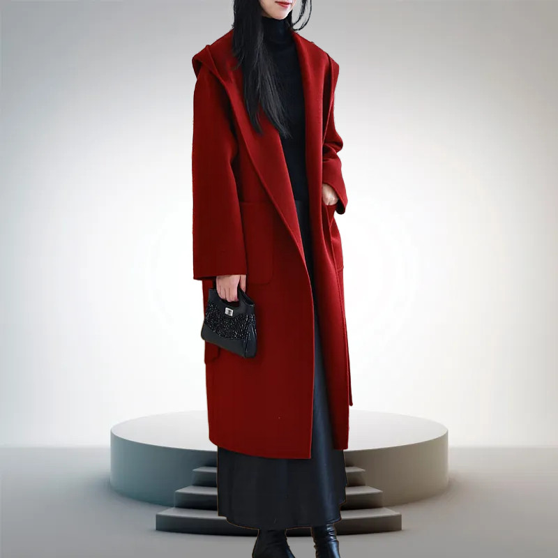 高货圣诞红法式山羊绒女士大衣连帽浴袍款慵懒风双面呢外套2026新
