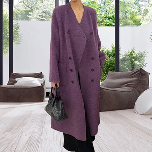 韩版轻奢苏力贝贝羊驼绒慵懒加长版双排扣双面羊绒大衣女毛呢外套