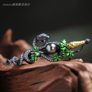 伊甸园灵蛇胸针大溪地黑珍珠大马士革钢刃宝剑珐琅胸针 原创设计